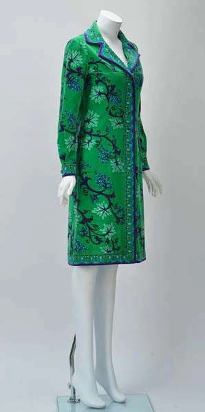 1960s Emilio Pucci Green, Blue and Purple Grape Vine Print Velvet Dress
