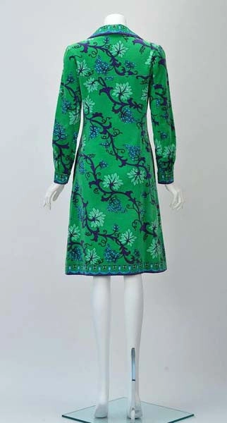 1960s Emilio Pucci Green, Blue and Purple Grape Vine Print Velvet Dress